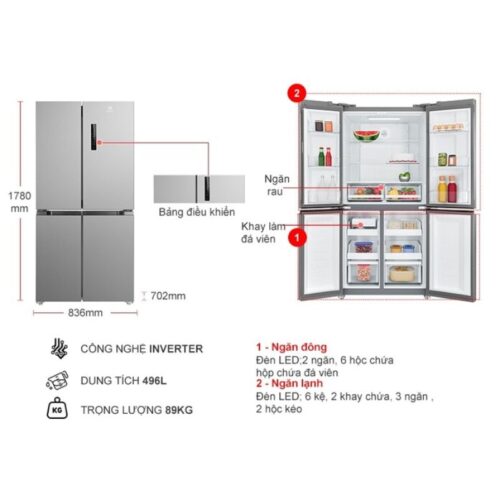 kich thuoc tu lanh 4 canh multi doors inverter 496 lit electrolux eqe4900a a